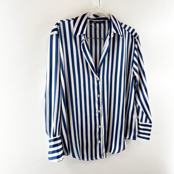 Zara Striped Print Long Sleeve Collared Button-Up Shirt Navy Blue White Medium - Picture 7 of 9